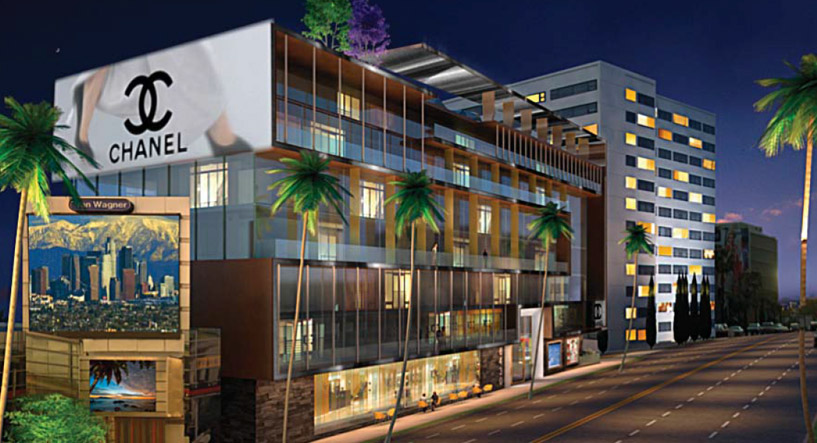 An illustration of the proposed Sunset Time building looking west along Sunset Boulevard. 