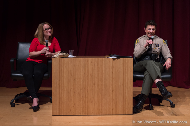 West Hollywood Mayor Lindsey Horvath (left) interviewing Sheriff's Capt. Holly Perez (Photo by Jon Viscott)