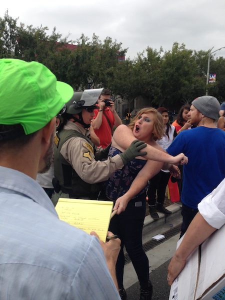 A member of the Reclaim Pride group confronted by a deputy at the LA Pride parade.