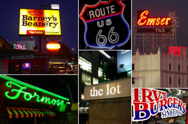 City businesses linked to U.S. Route 66 along Santa Monica Boulevard include: Barney’s Beanery, upper left; the Formosa Café, lower left; The Lot movie studios, center; the Emser Tile building, upper right, and Irv’s Burgers. 