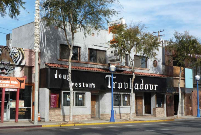 9079 Santa Monica Blvd. (The Troubadour) is a two-story restaurant/lounge/tavern in the 20th Century Commercial style built in 1946. It was a major location for folk music from the 1960s through 70s and later for rock music. 