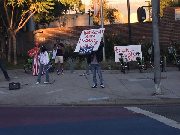 Trump ralliers on the southeast corner of Santa Monica Boulevard at San Vicente.