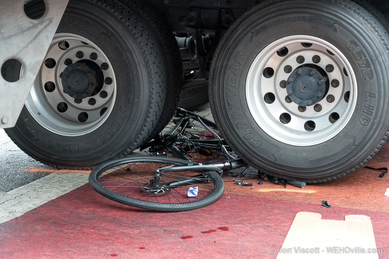 Bicycle crushed under truck wheels. (Photo by Jon Viscott)