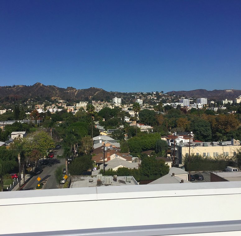 View of the Hollywood Hills from the north-facing terrace of Movietown Square.