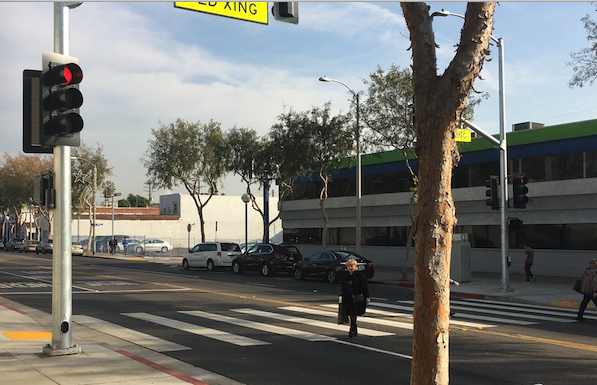 Pedestrian crosswalk on Santa Monica Boulevard between Odgen Drive and Orange Grove Avenue.